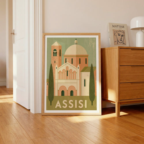 Assisi Italy Vintage Travel Poster, Retro Italian Church Print, Umbria Wall Art