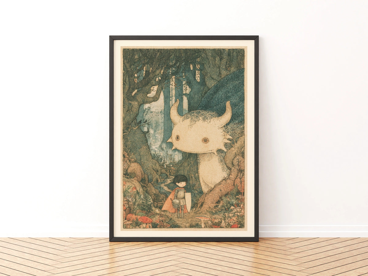 Retro Children's Print, Little Knight and Forest Monster, Fairytale Kids Wall Art Collectable