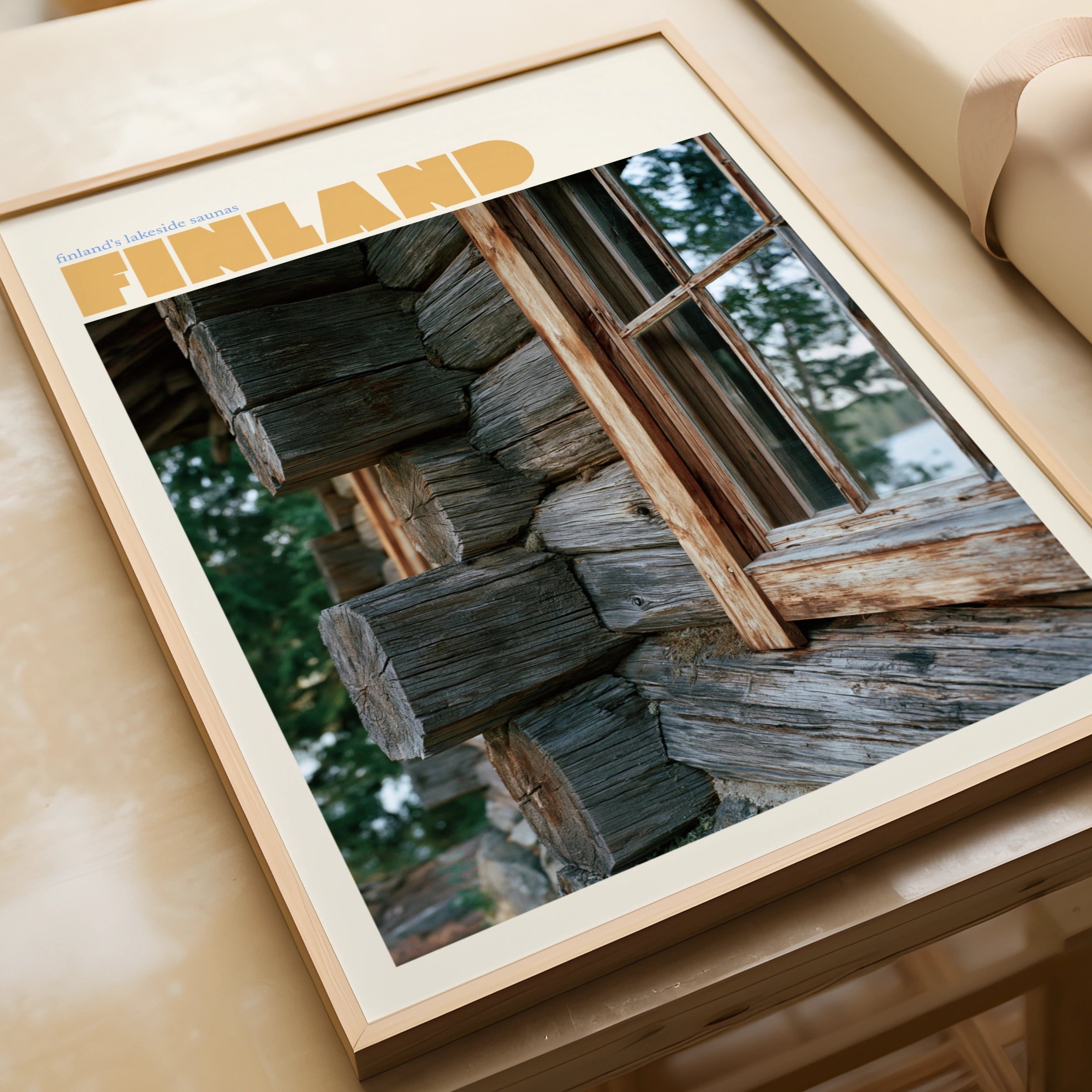 Finland Vintage Travel Poster, Lakeside Sauna Print, Scandinavian Log Cabin Wall Art