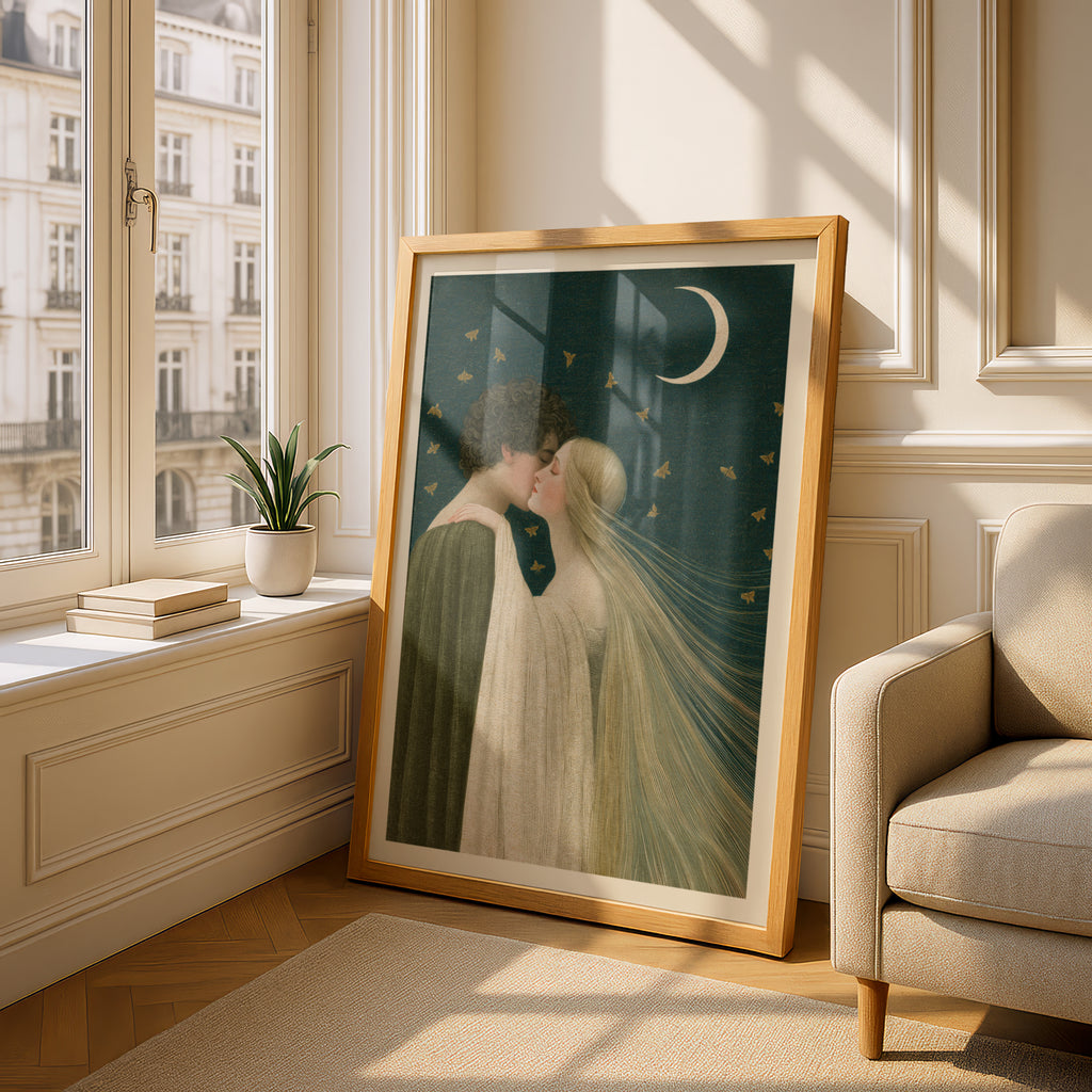 Romantic Couple Kissing Under Crescent Moon, Vintage Art Nouveau Print, Moths, Night Sky Wall Art