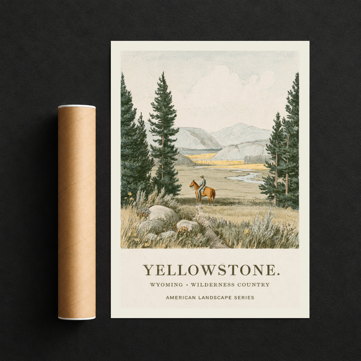 Yellowstone Wyoming Print, Vintage Landscape Poster, Cowboy on Horseback, Pine Forest Mountain Wall