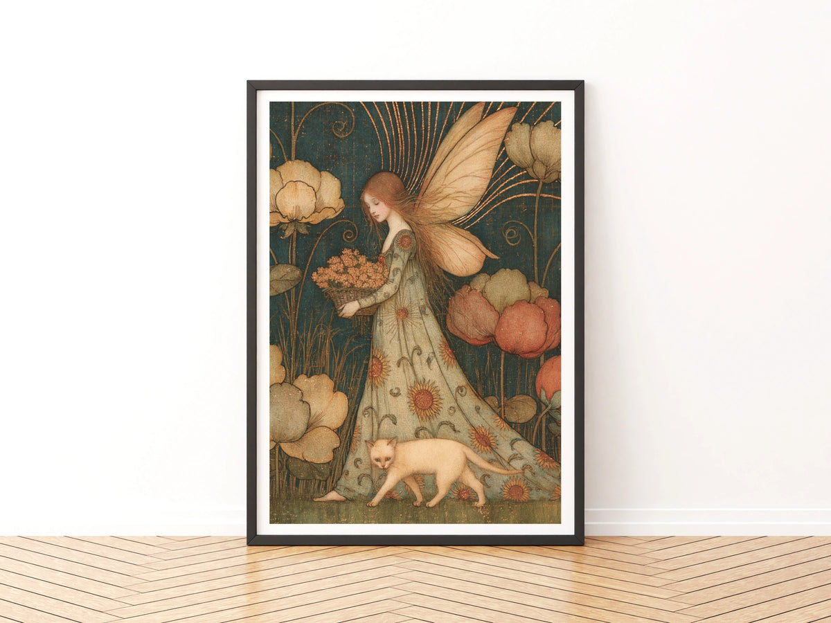 Summer Garden Fairy Art Print, Classic Vintage Fairy Poster, Teal Gold Floral Cat Wall Art