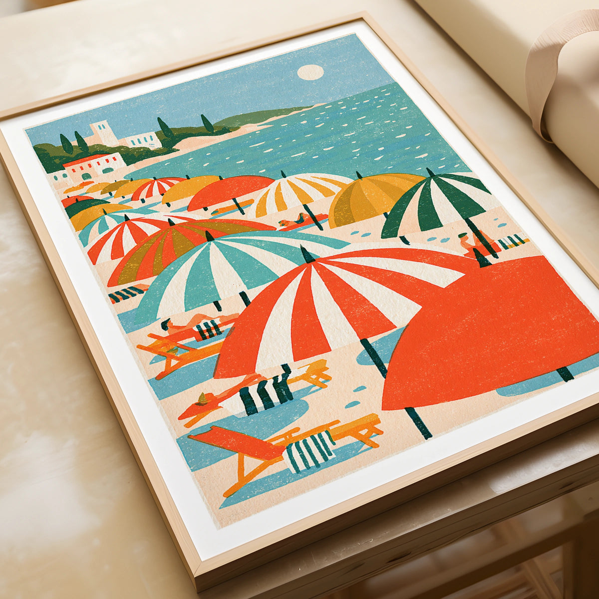 Retro Mediterranean Beach Poster, Colourful Striped Umbrellas, Vintage Summer Travel Print Wall Art