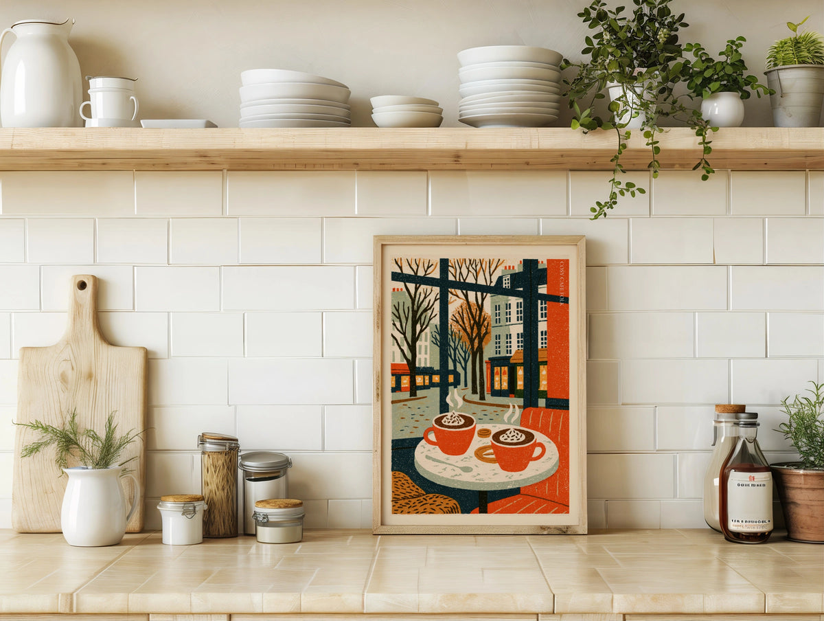 Vintage Food Poster Print, Cosy Cafe Coffee Art, Rustic Kitchen Decor, Retro Mid Century Risograph