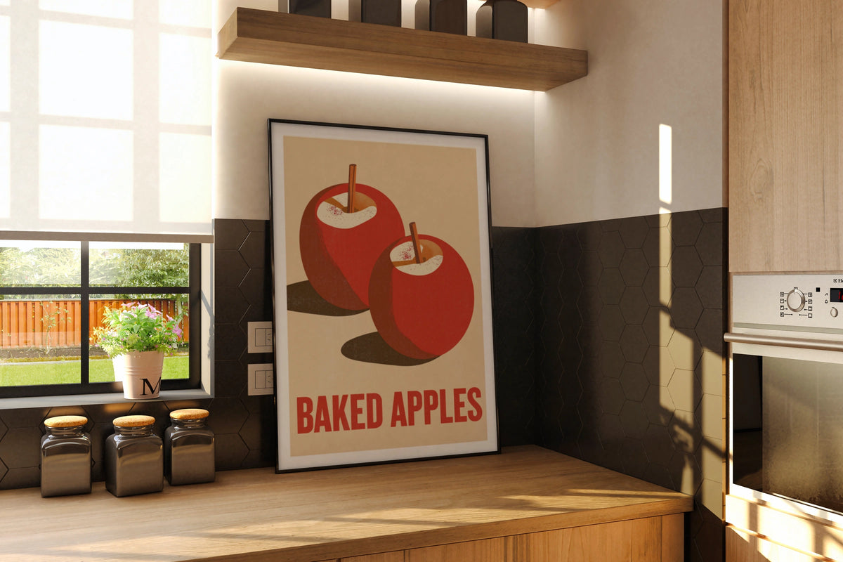 Baked Apples Vintage Food Poster Print | Rustic Kitchen Decor | Retro Mid Century Risograph Art