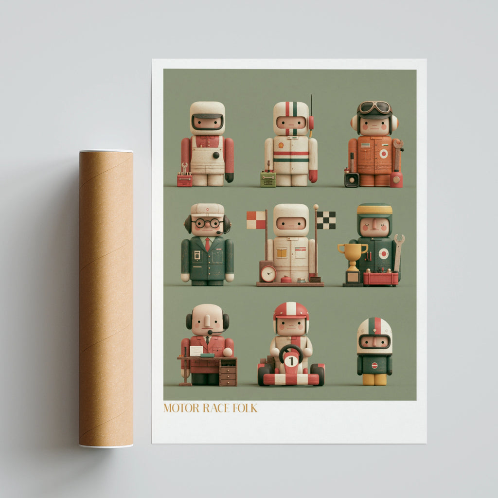Motor Race Folk Retro Kids Poster, Racing Characters Children's Print, Collectable Wall Art