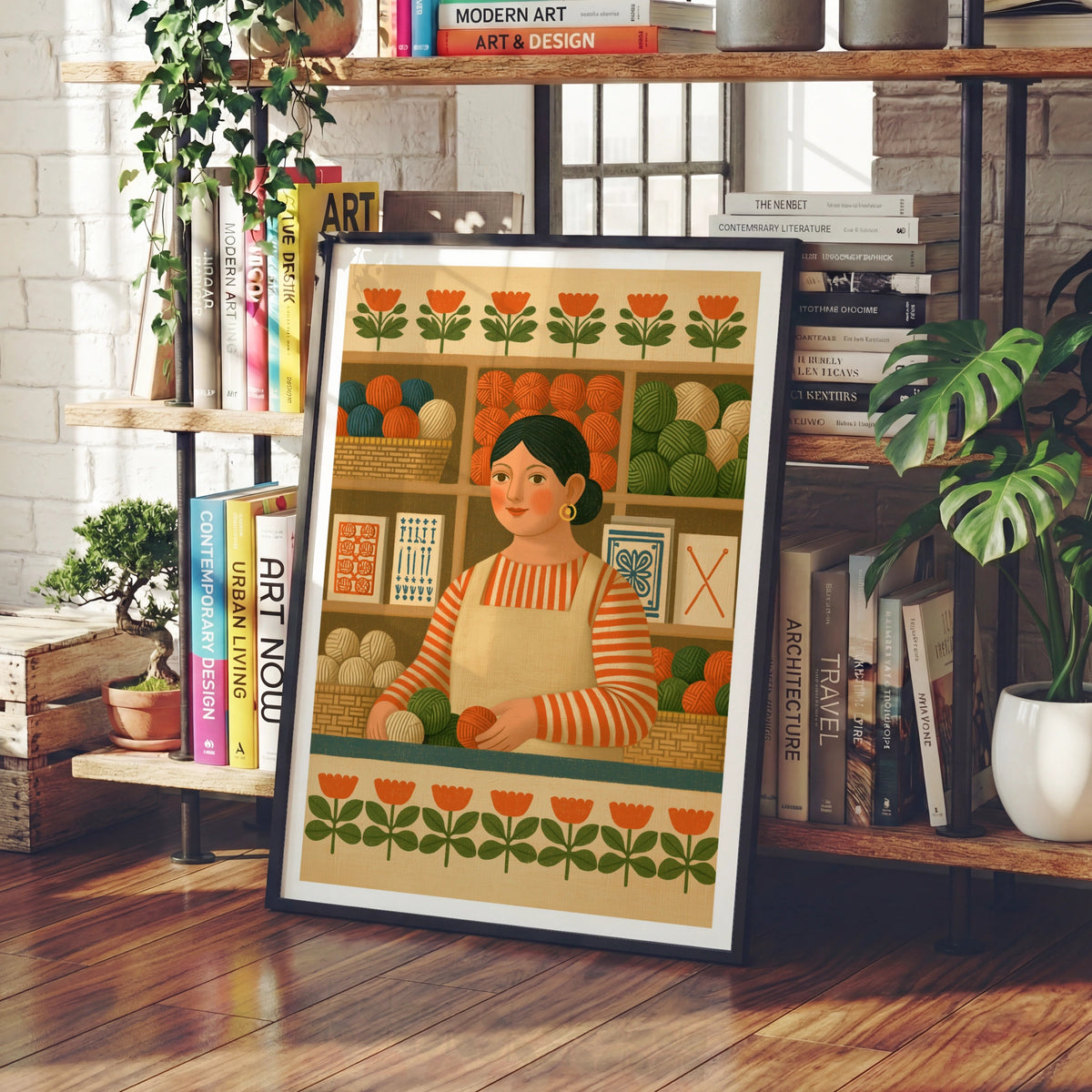 Retro Yarn Shop Print, Sewing Craft Room Wall Art, Folk Style Knitting Poster, Gift for Crafter