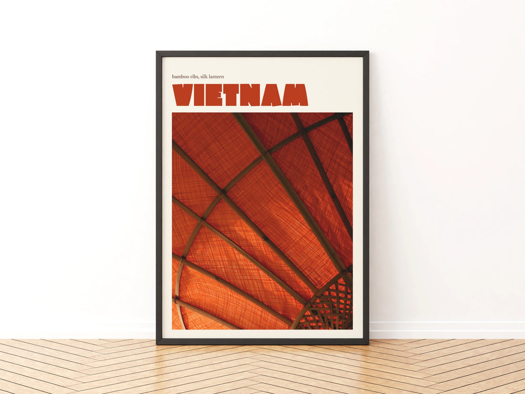 Vietnam Travel Poster, Retro Silk Lantern Print, Red Orange Wall Art, Asian Decor