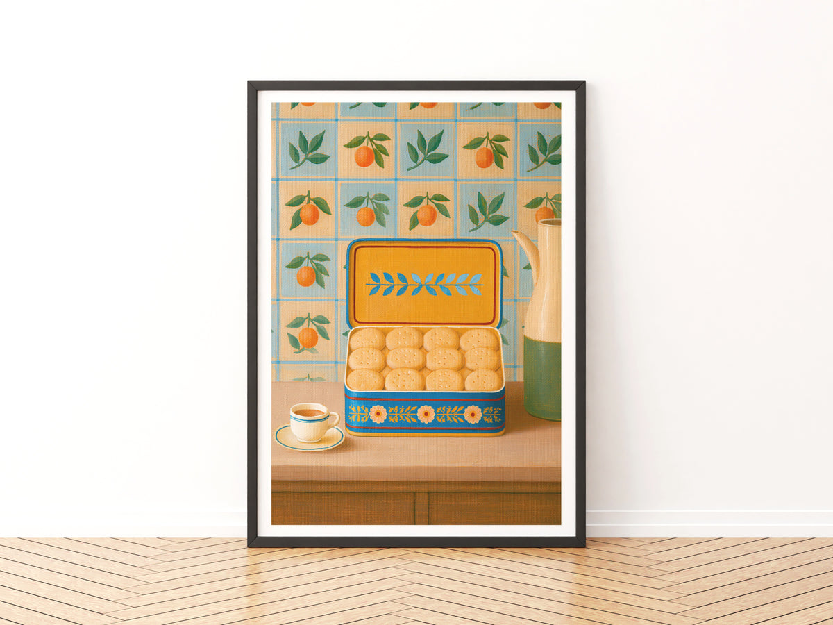 Vintage Food Poster Print, Biscuit Tin Tea Kitchen Art, Retro Mid Century Risograph Wall Decor