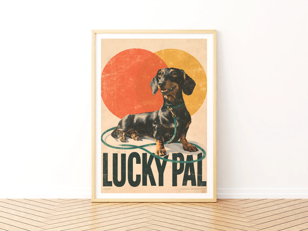 Retro Dachshund Poster, Lucky Pal Sausage Dog Print, Vintage Folk Wall Art