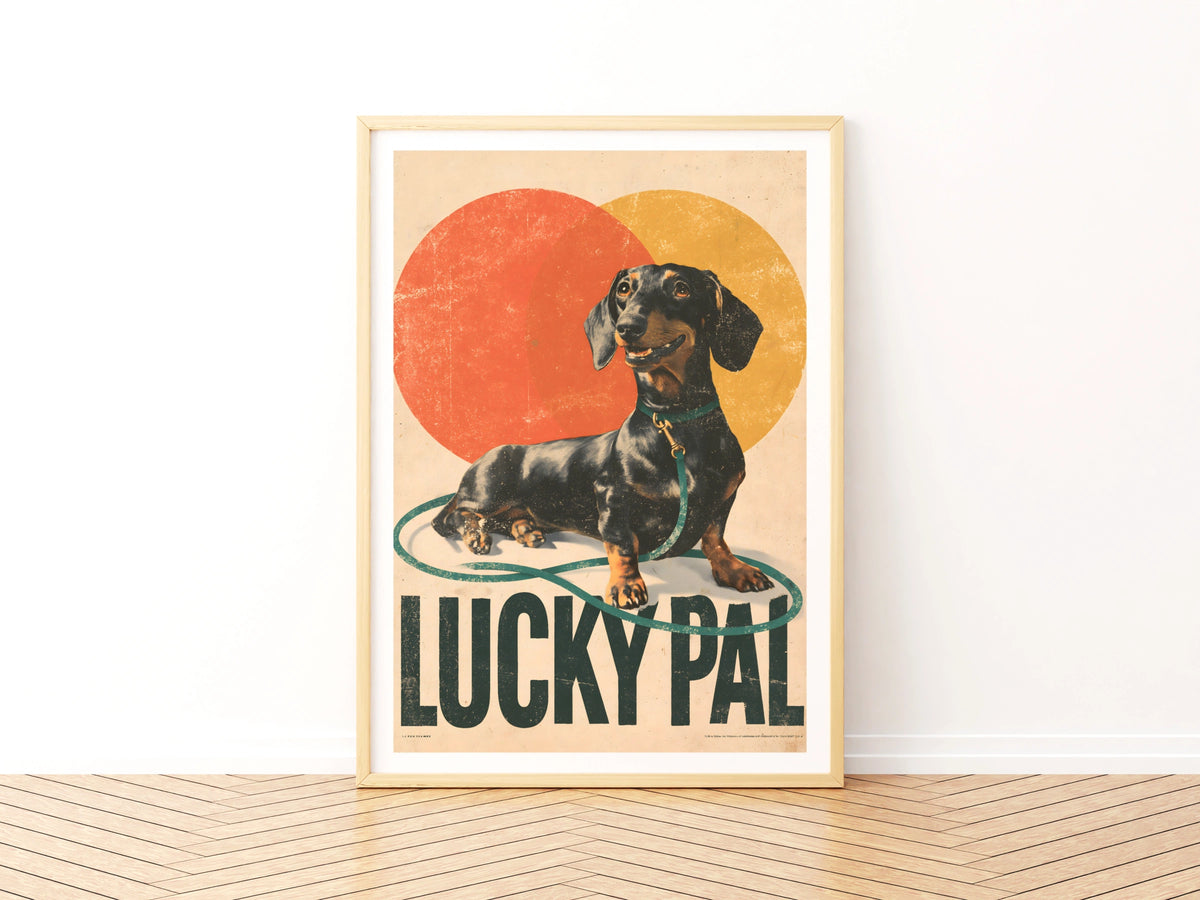 Retro Dachshund Poster, Lucky Pal Sausage Dog Print, Vintage Folk Wall Art