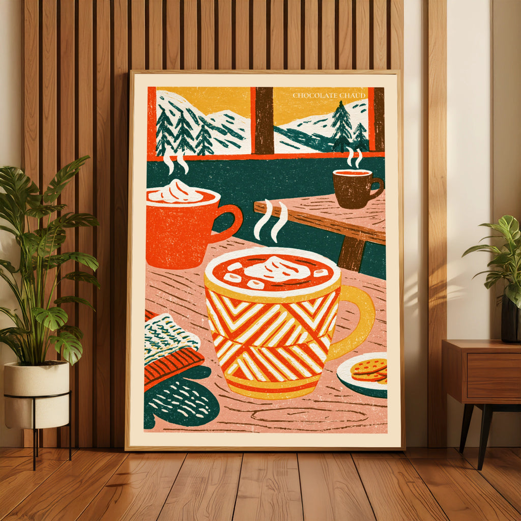 Vintage Food Poster Print, Hot Chocolate Chaud, Rustic Kitchen Decor, Retro Mid Century Risograph