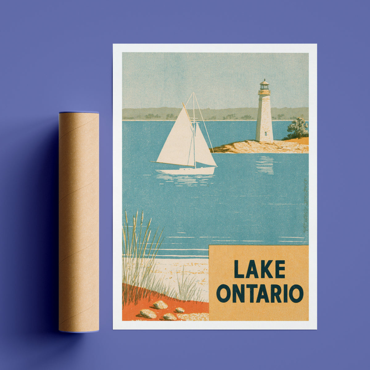 Lake Ontario Retro Travel Poster, Sailboat & Lighthouse Print, Canada Nautical Coastal Wall Art