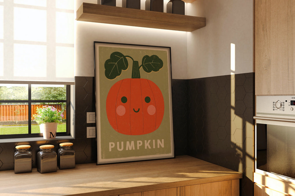 Cute Pumpkin Print, Kawaii Autumn Wall Art, Kids Room Poster, Orange Green Decor
