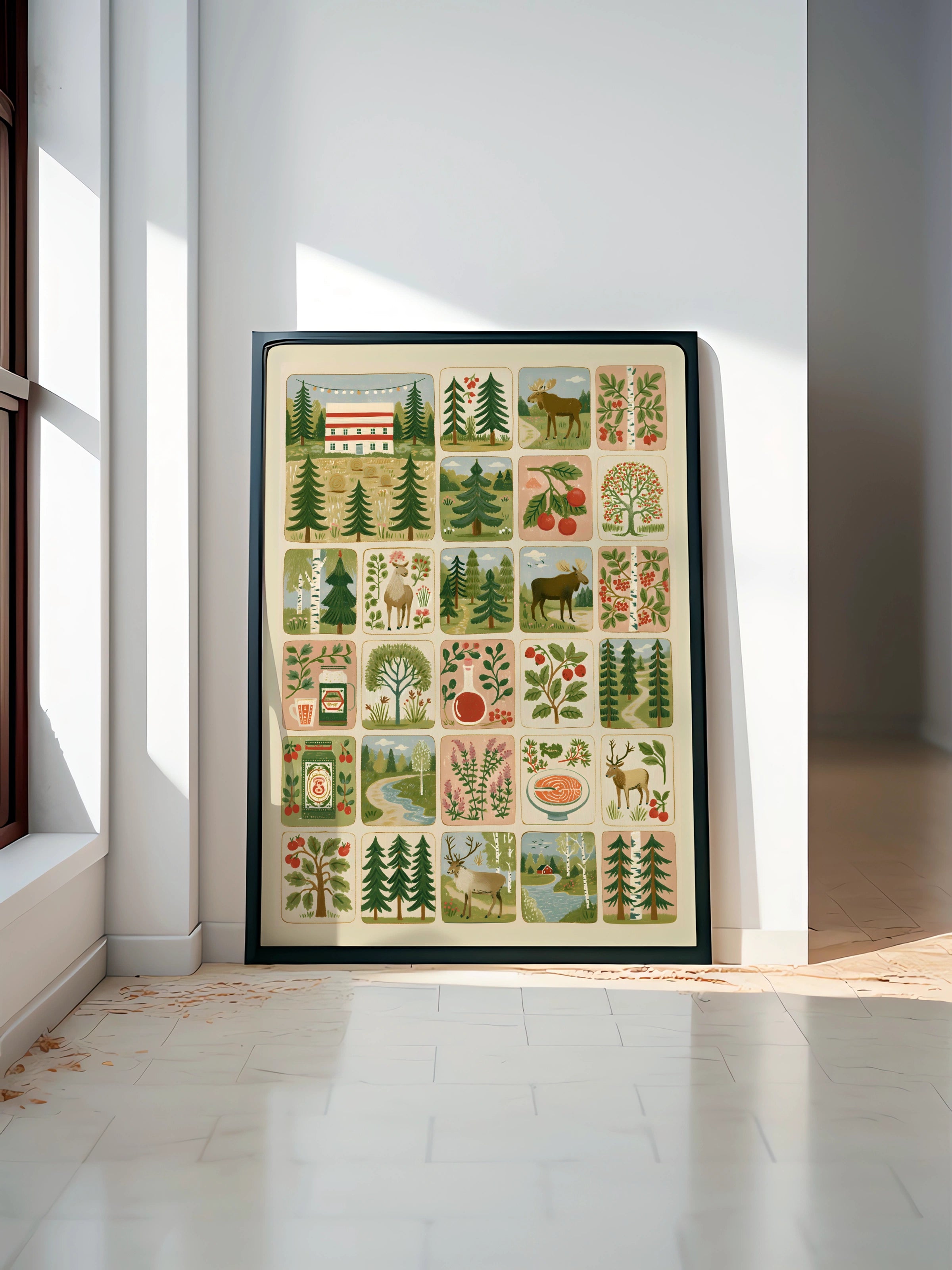 Scandinavian Folk Art Print, Nordic Forest Poster, Moose Berry Trees Illustration, Retro Home Print