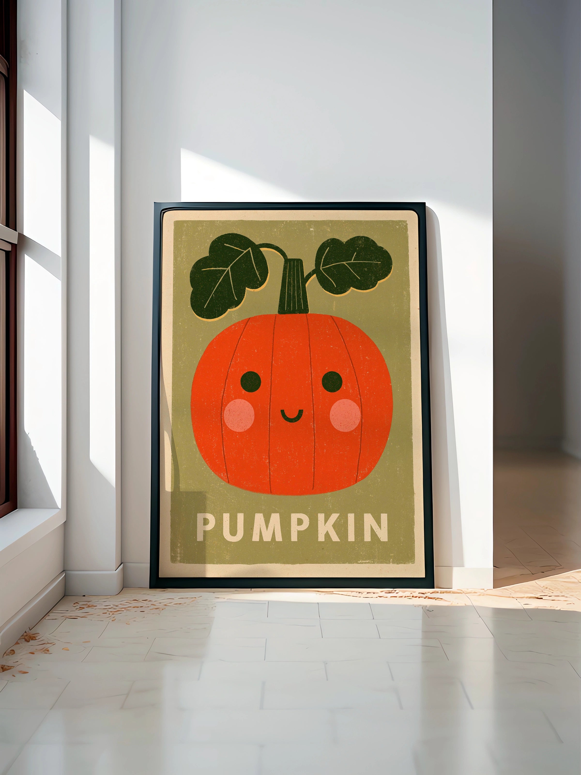 Cute Pumpkin Print, Kawaii Autumn Wall Art, Kids Room Poster, Orange Green Decor