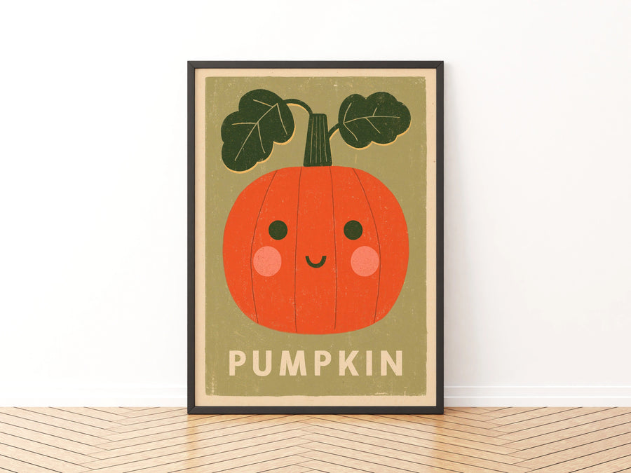 Cute Pumpkin Print, Kawaii Autumn Wall Art, Kids Room Poster, Orange Green Decor