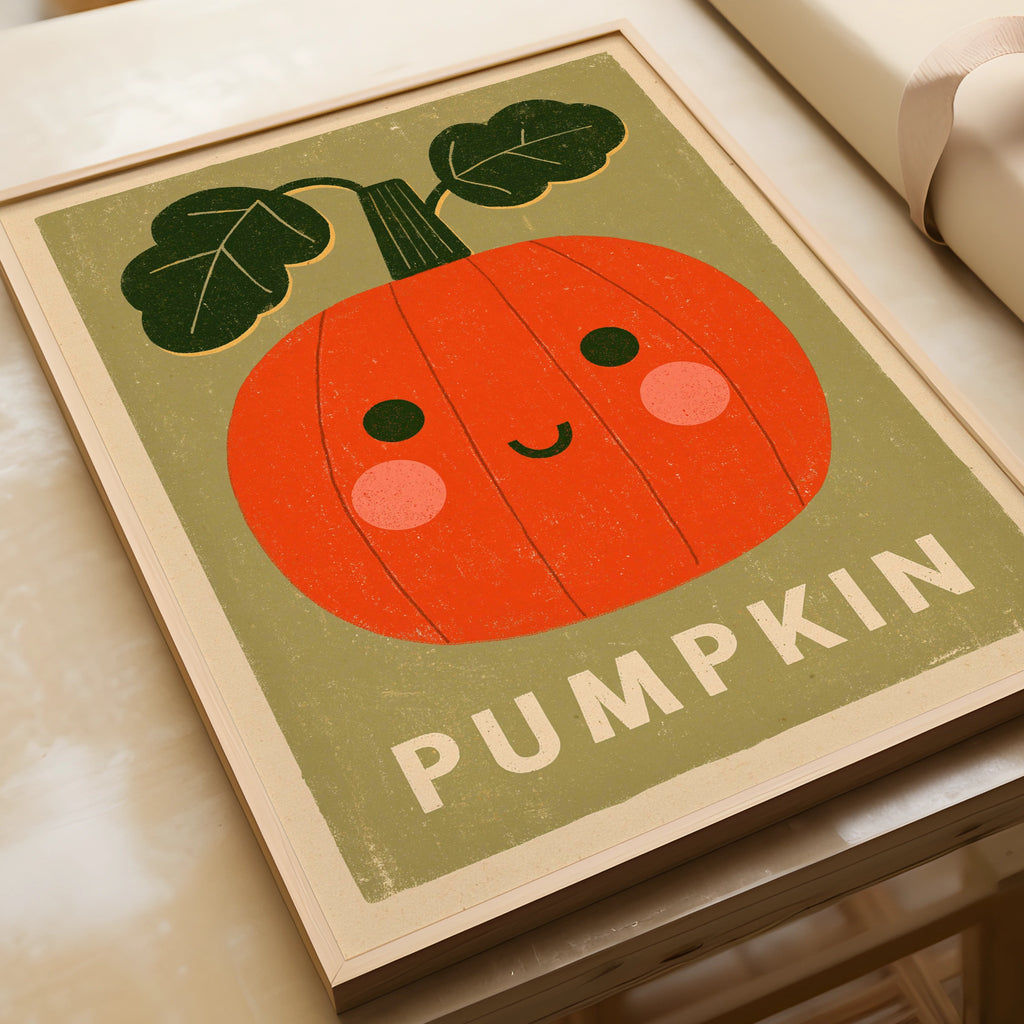 Cute Pumpkin Print, Kawaii Autumn Wall Art, Kids Room Poster, Orange Green Decor