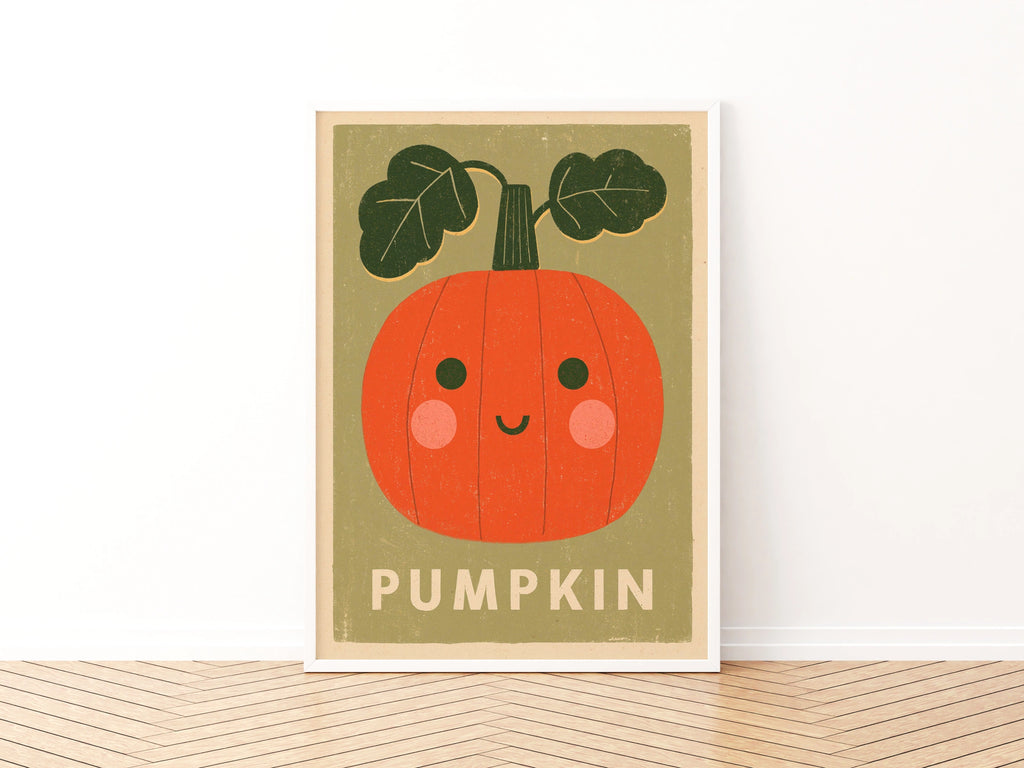 Cute Pumpkin Print, Kawaii Autumn Wall Art, Kids Room Poster, Orange Green Decor