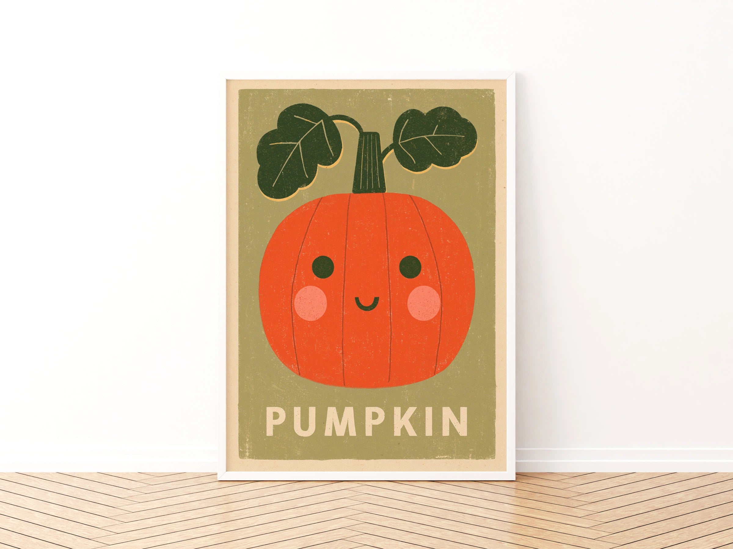 Cute Pumpkin Print, Kawaii Autumn Wall Art, Kids Room Poster, Orange Green Decor