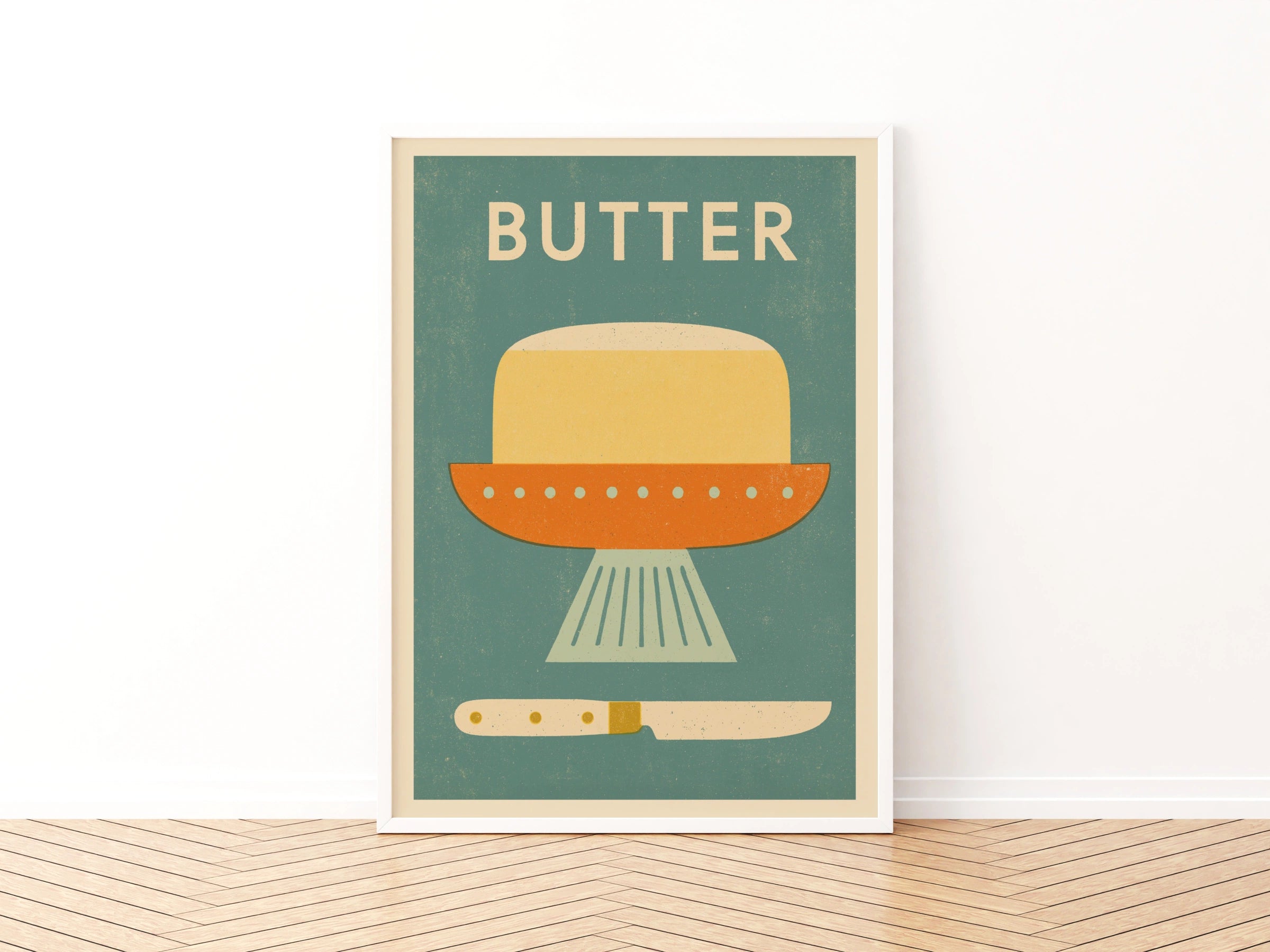 Vintage Food Poster Print, Butter, Rustic Kitchen Decor, Retro Mid Century Risograph Art