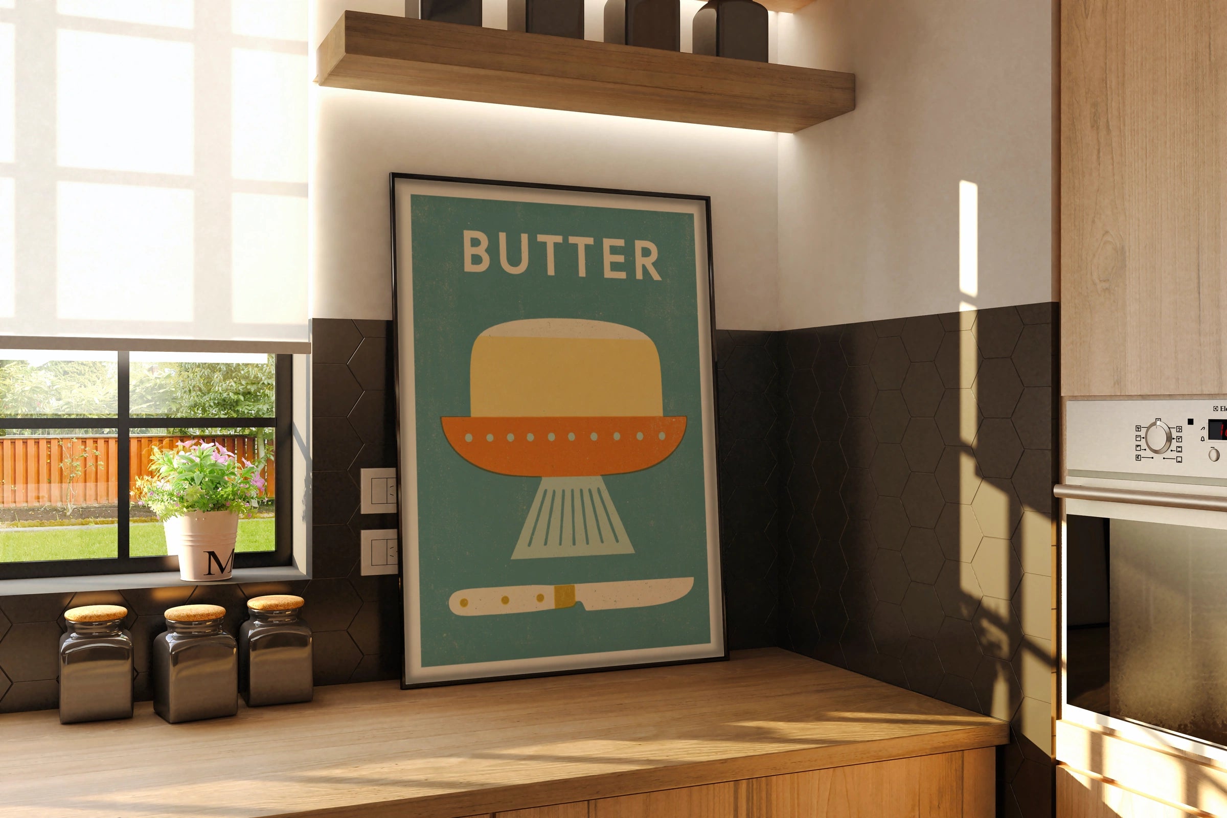 Vintage Food Poster Print, Butter, Rustic Kitchen Decor, Retro Mid Century Risograph Art