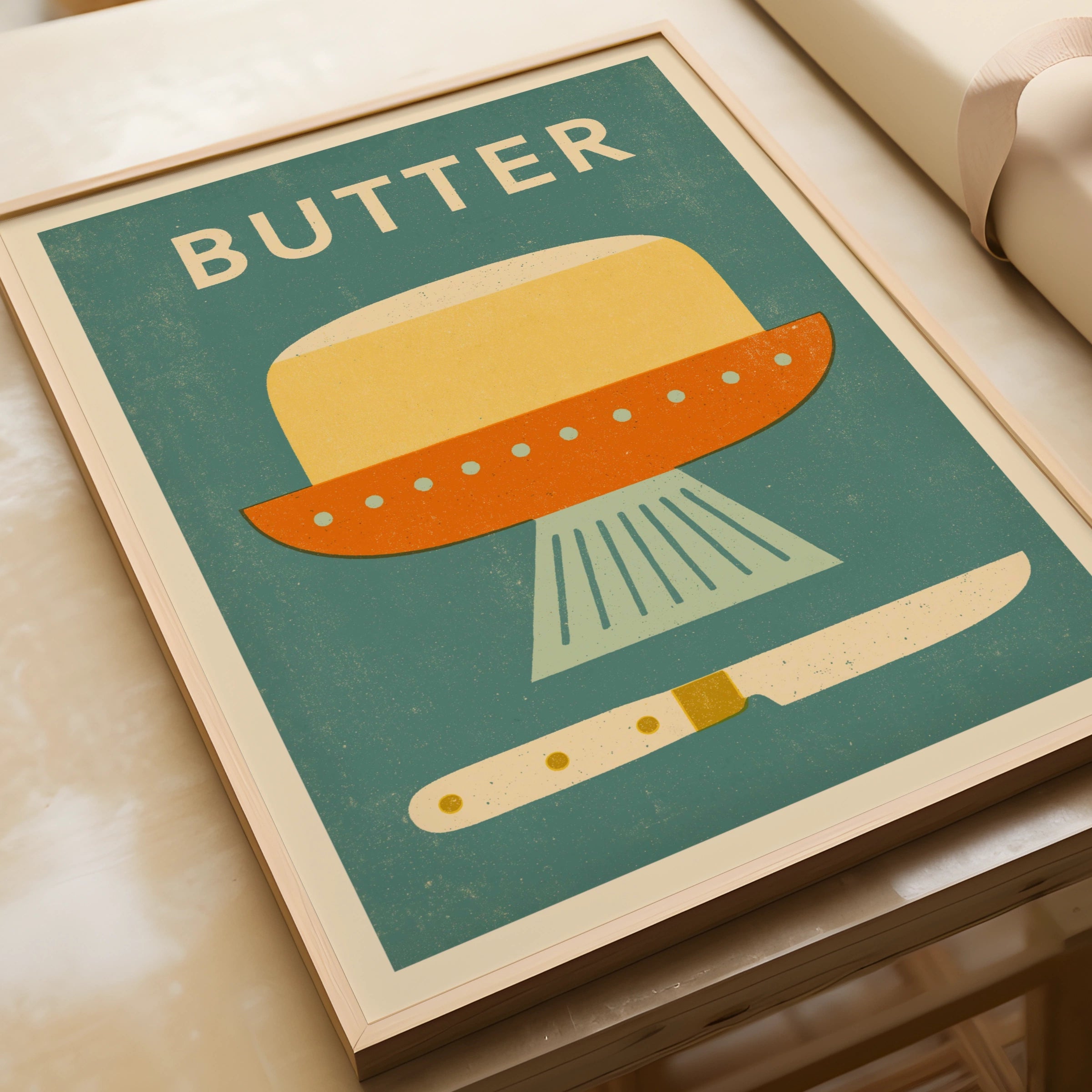 Vintage Food Poster Print, Butter, Rustic Kitchen Decor, Retro Mid Century Risograph Art