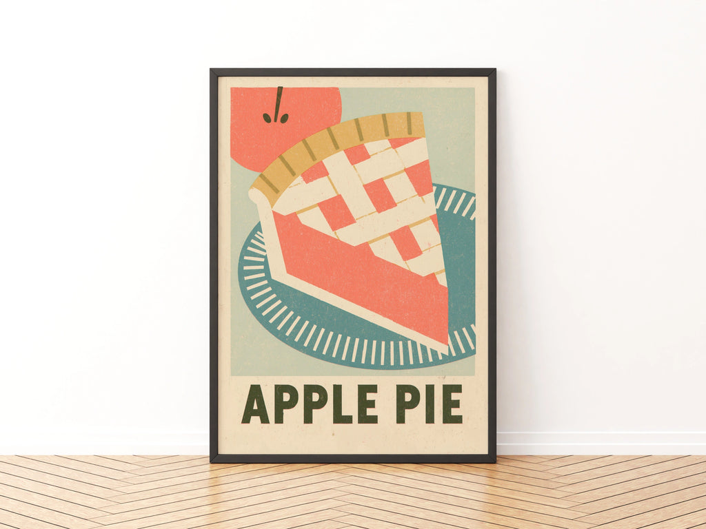 Vintage Food Poster Print, Apple Pie Retro Mid Century Risograph, Rustic Kitchen Decor- American theme Kitchen