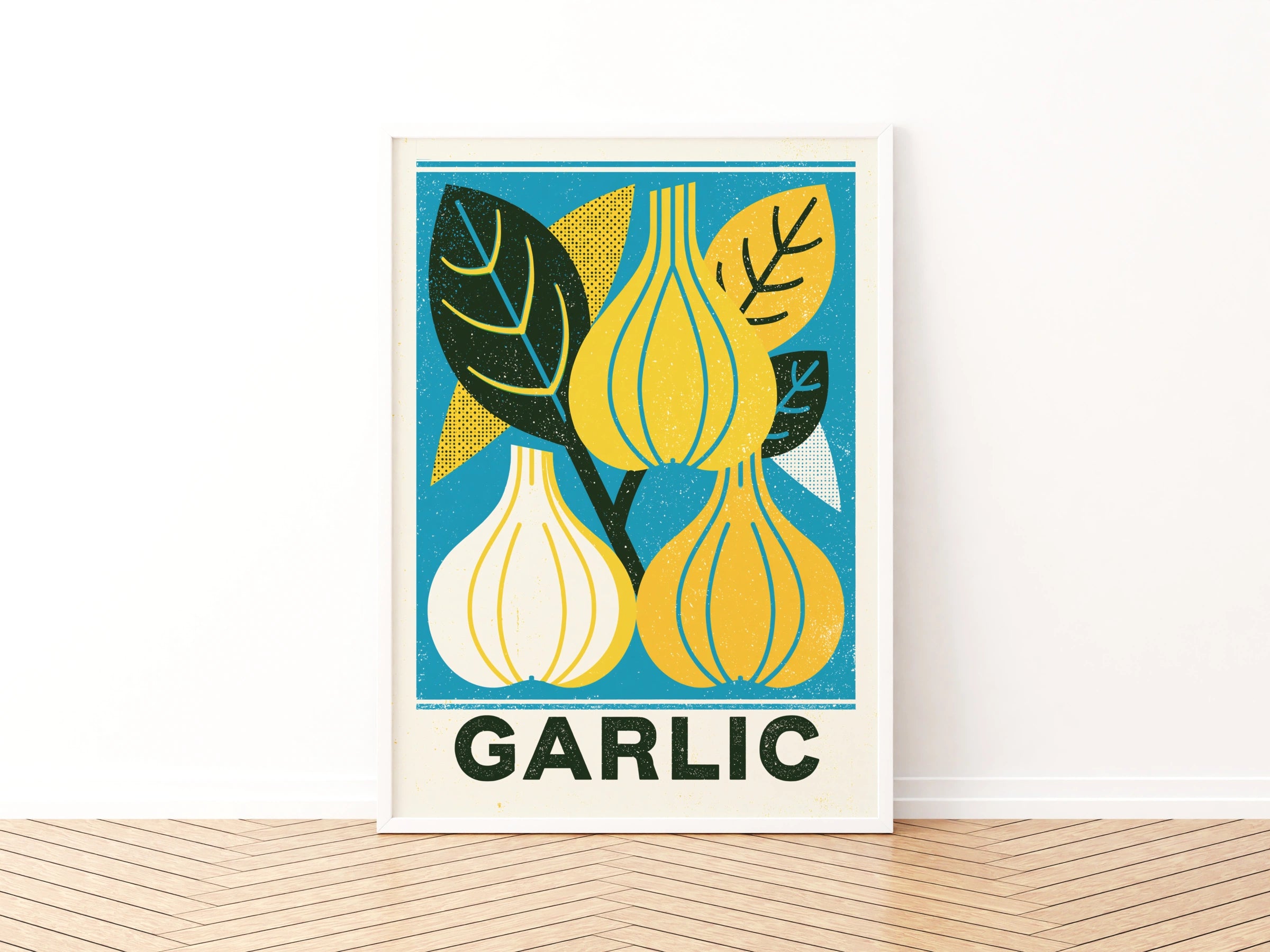 Garlic Vintage Food Poster Print | Rustic Kitchen Decor | Retro Mid Century Risograph Art- Mediterranean Food Art, Kitchen Wall Art 