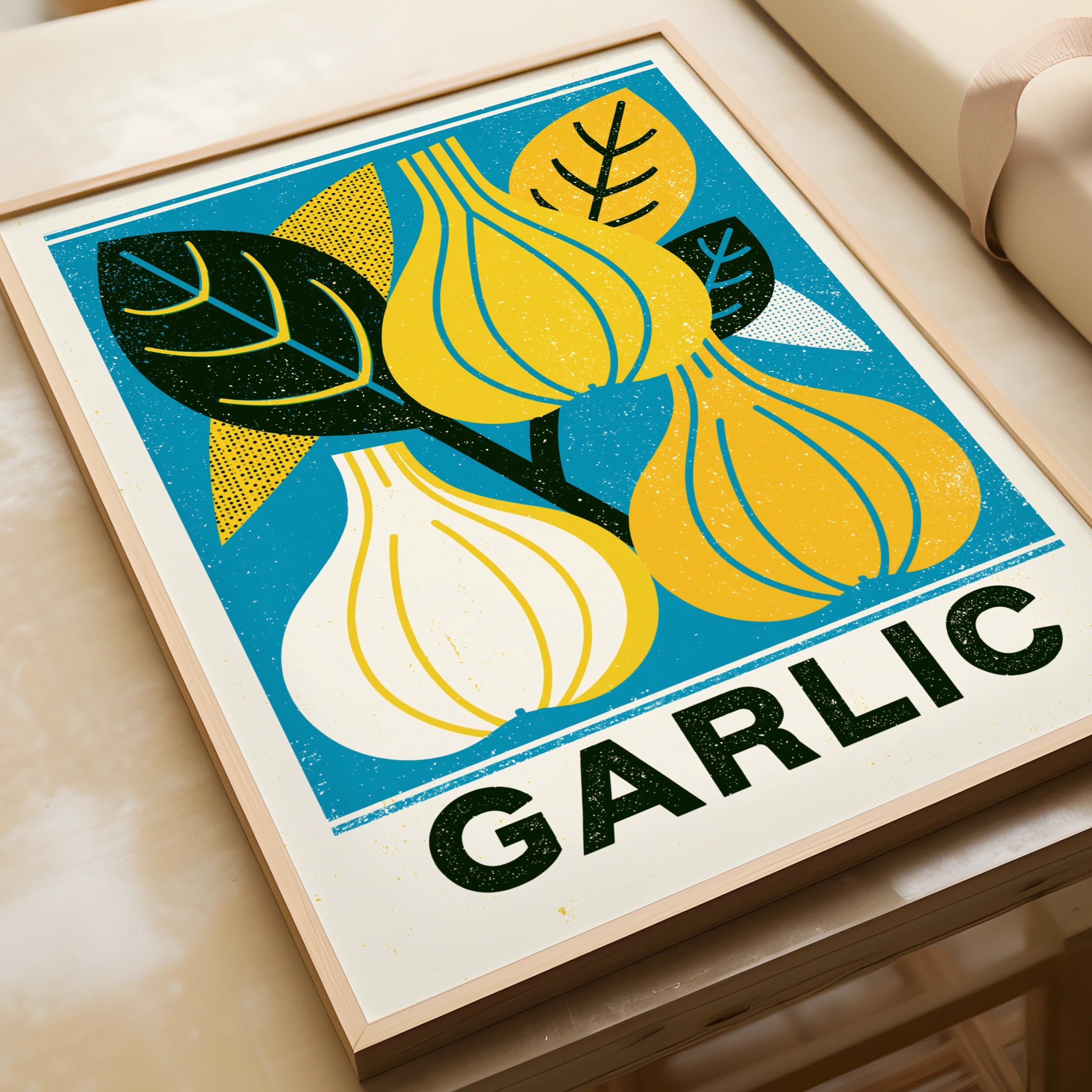 Garlic Vintage Food Poster Print | Rustic Kitchen Decor | Retro Mid Century Risograph Art- Mediterranean Food Art, Kitchen Wall Art 