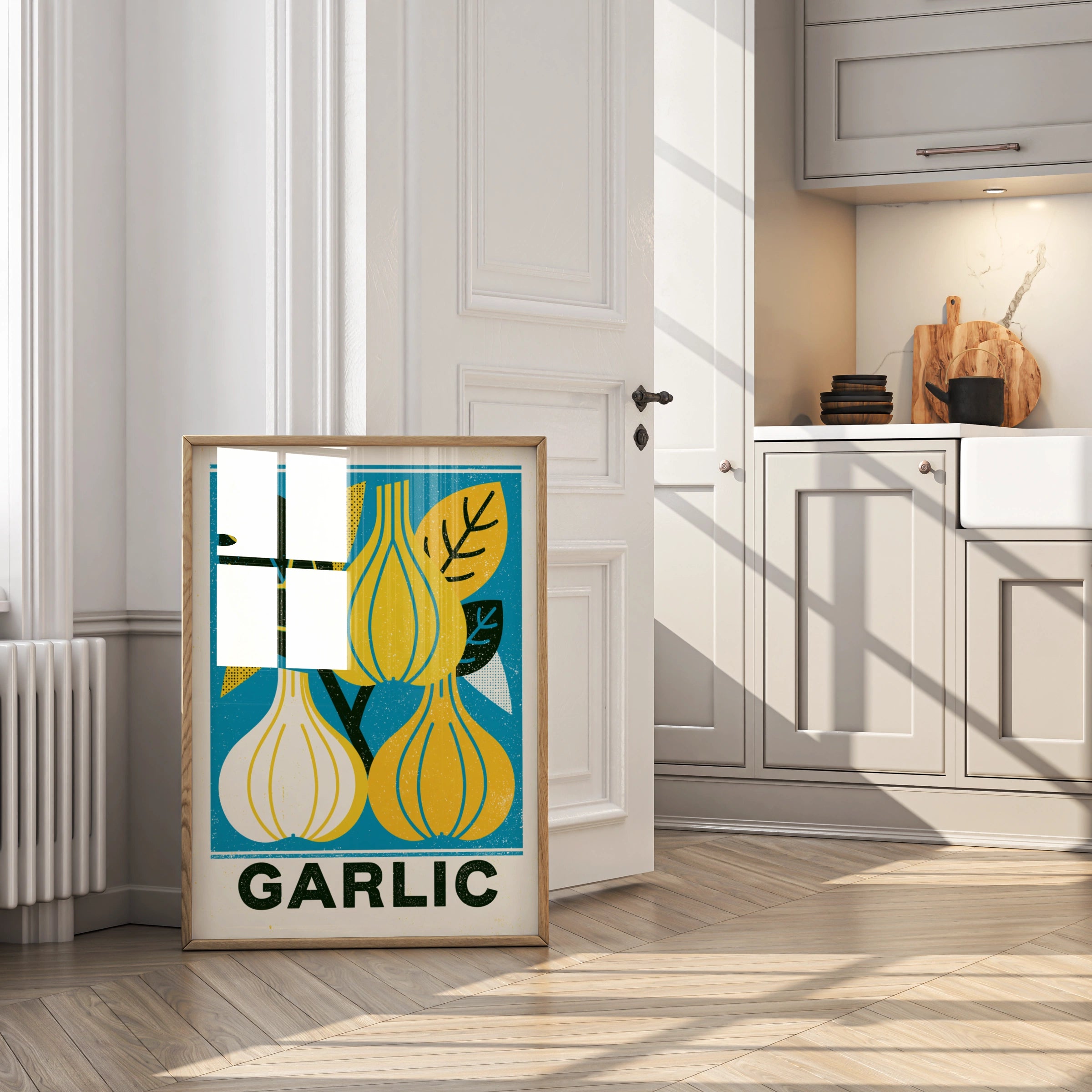 Garlic Vintage Food Poster Print | Rustic Kitchen Decor | Retro Mid Century Risograph Art- Mediterranean Food Art, Kitchen Wall Art 