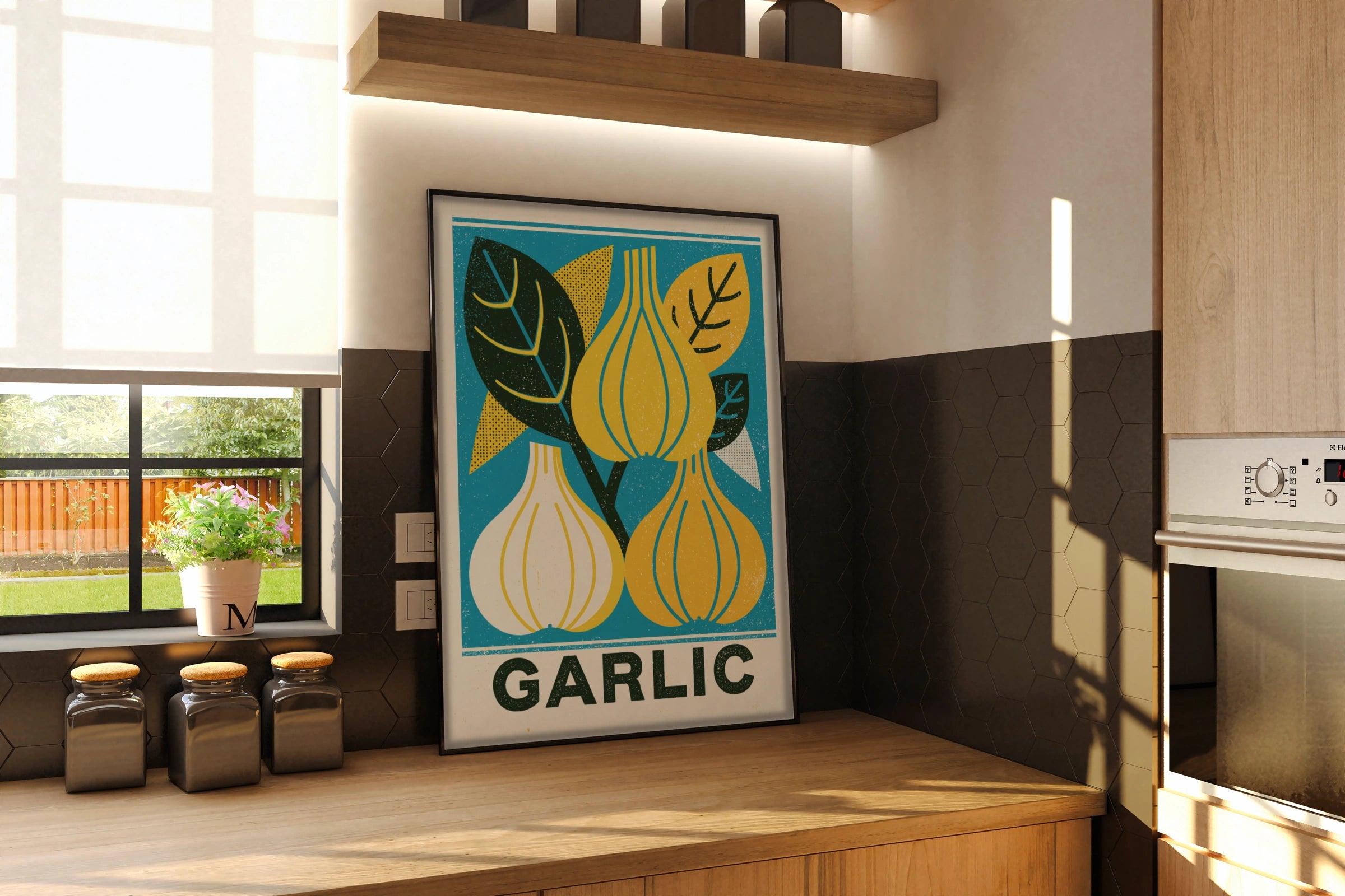 Garlic Vintage Food Poster Print | Rustic Kitchen Decor | Retro Mid Century Risograph Art- Mediterranean Food Art, Kitchen Wall Art 
