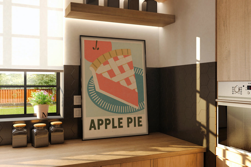 Vintage Food Poster Print, Apple Pie Retro Mid Century Risograph, Rustic Kitchen Decor- American theme Kitchen