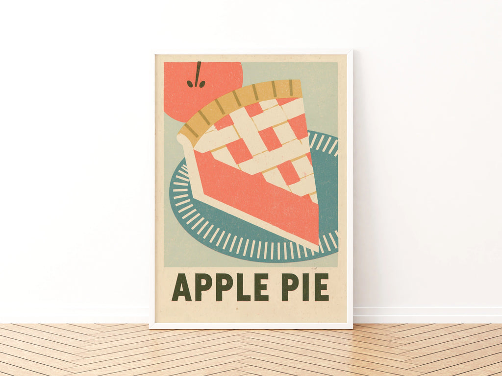 Vintage Food Poster Print, Apple Pie Retro Mid Century Risograph, Rustic Kitchen Decor- American theme Kitchen