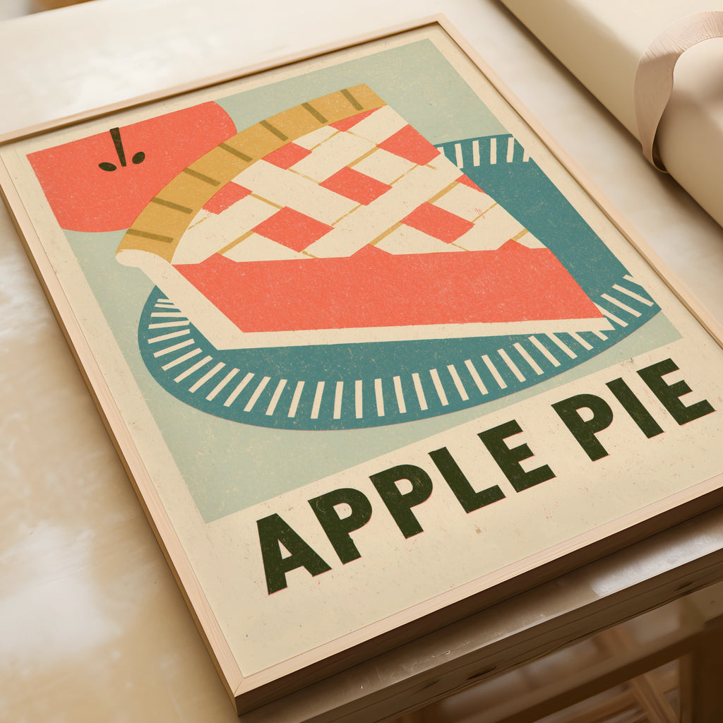Vintage Food Poster Print, Apple Pie Retro Mid Century Risograph, Rustic Kitchen Decor- American theme Kitchen