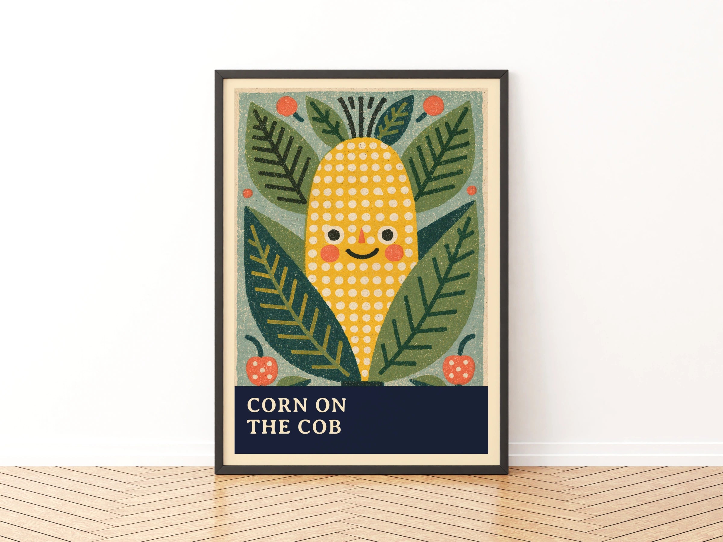 Vintage Food Poster Print, Corn on the Cob, Rustic Kitchen Decor, Retro Mid Century Risograph