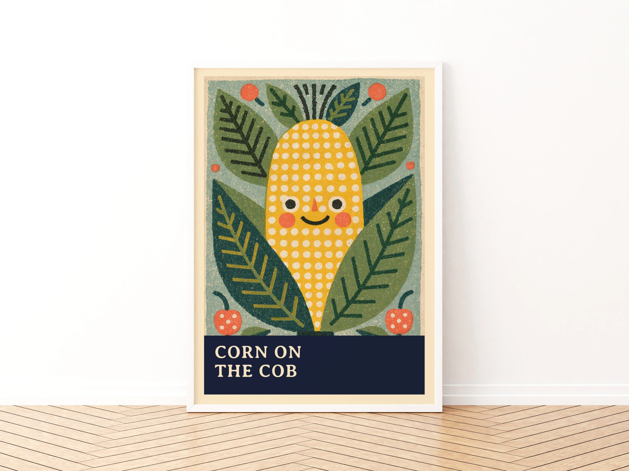 Vintage Food Poster Print, Corn on the Cob, Rustic Kitchen Decor, Retro Mid Century Risograph
