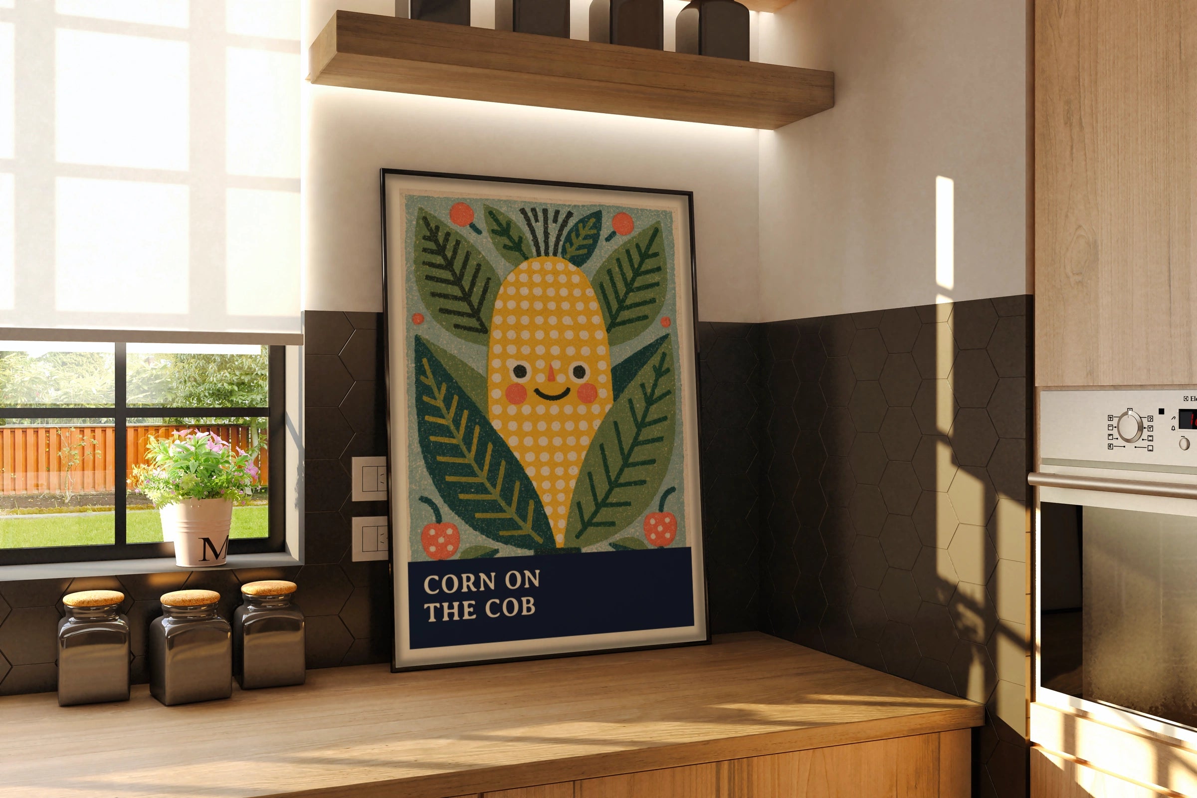 Vintage Food Poster Print, Corn on the Cob, Rustic Kitchen Decor, Retro Mid Century Risograph