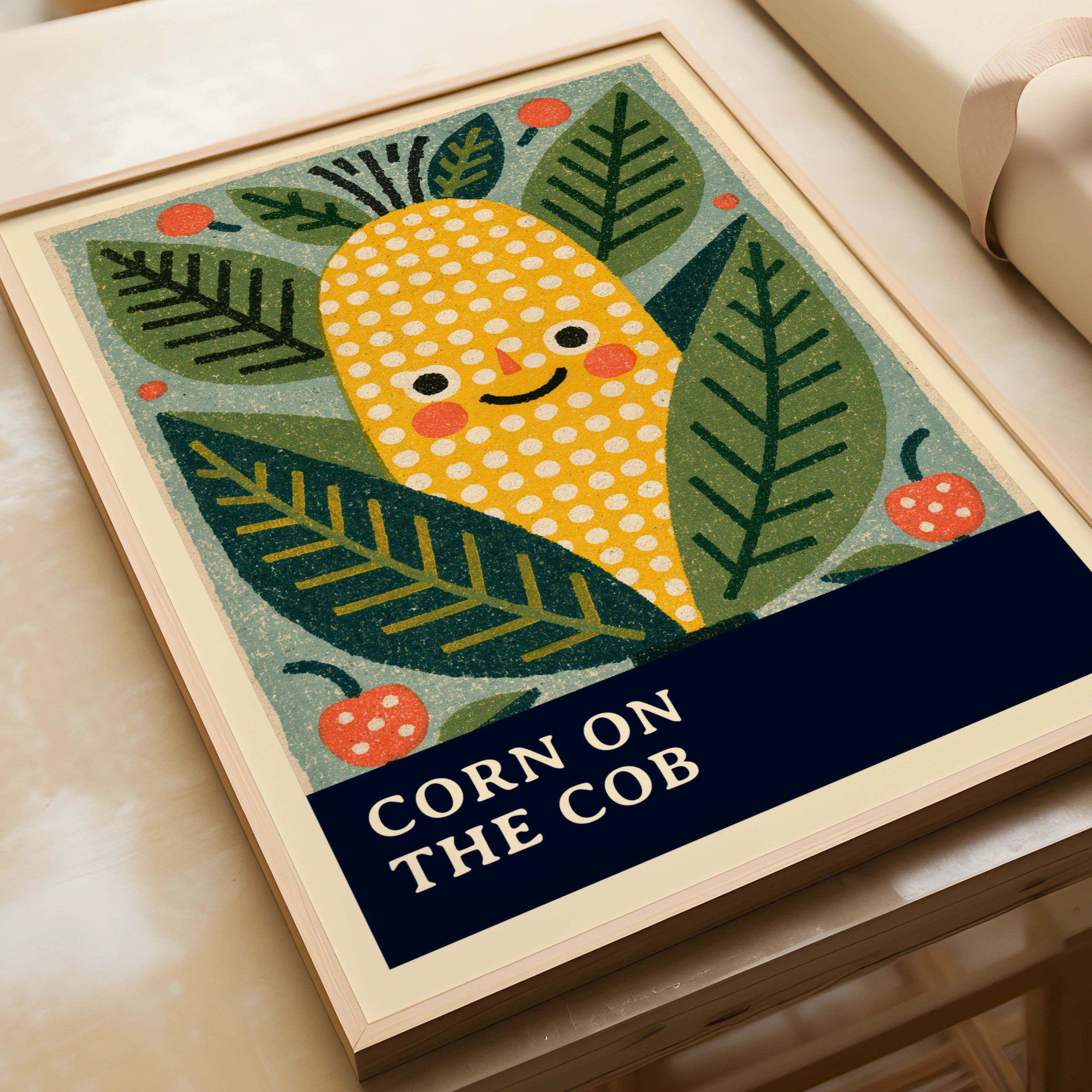 Vintage Food Poster Print, Corn on the Cob, Rustic Kitchen Decor, Retro Mid Century Risograph