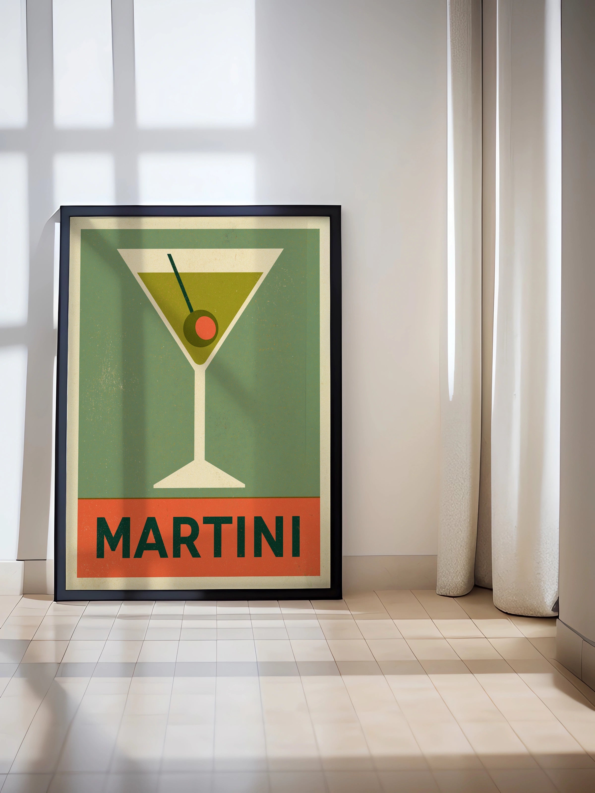 Retro Martini Print, Cocktail Poster, Mid Century Bar Cart Wall Art, Green Olive - Classic Drinks Print