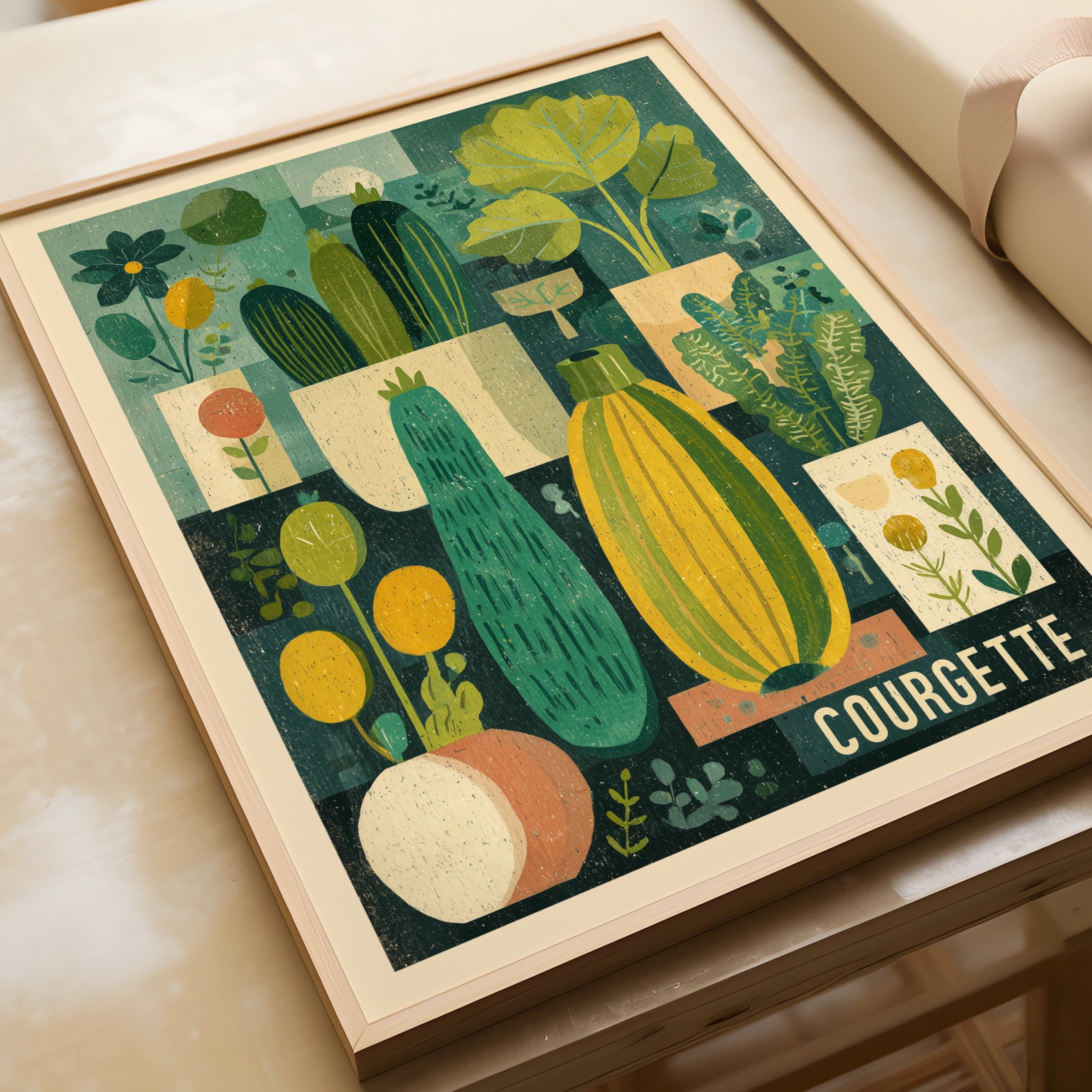 Courgette Vintage Food Poster Print | Rustic Kitchen Decor | Retro Mid Century Risograph Art - Kitchen Garden Print