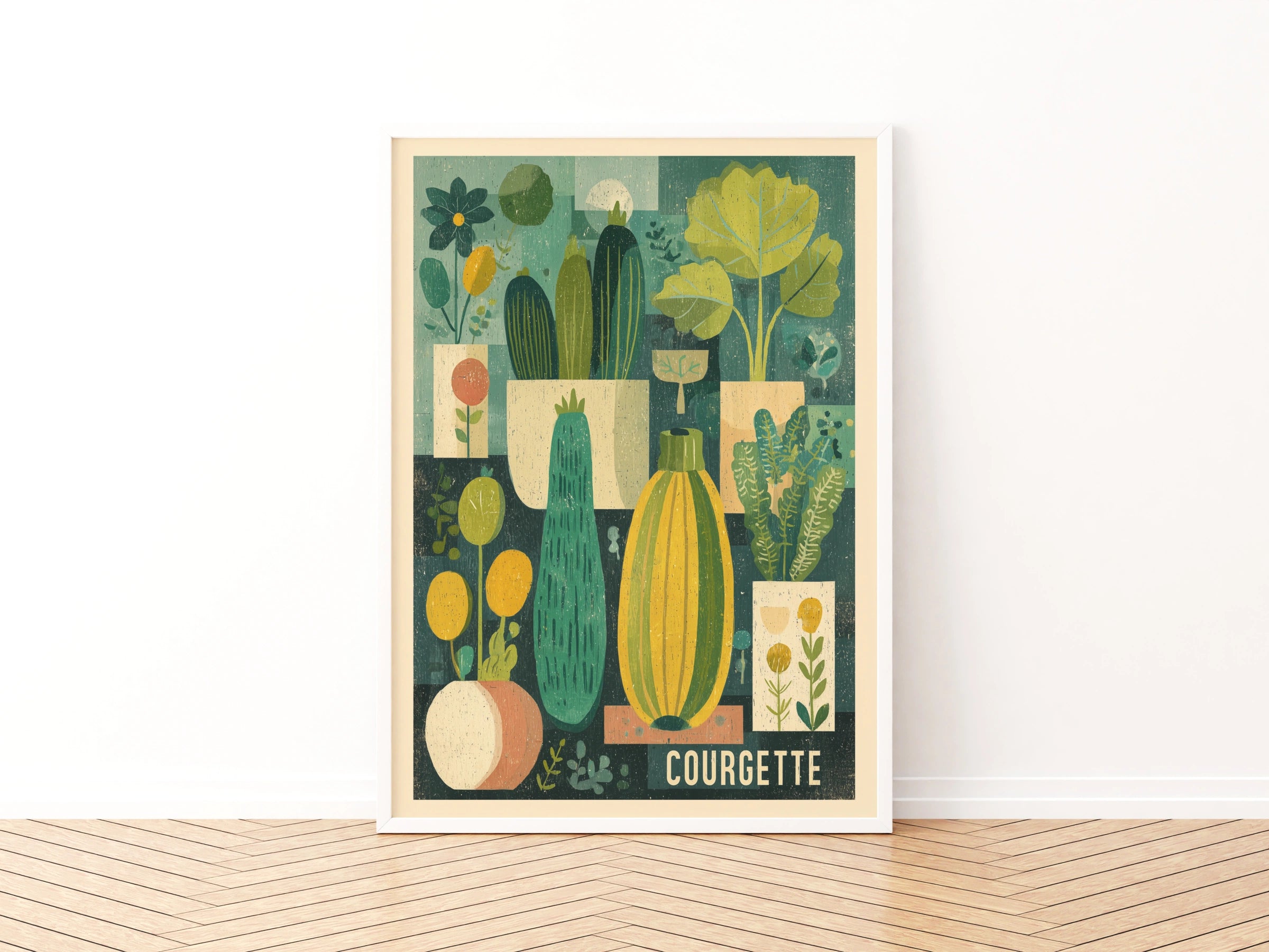 Courgette Vintage Food Poster Print | Rustic Kitchen Decor | Retro Mid Century Risograph Art - Kitchen Garden Print