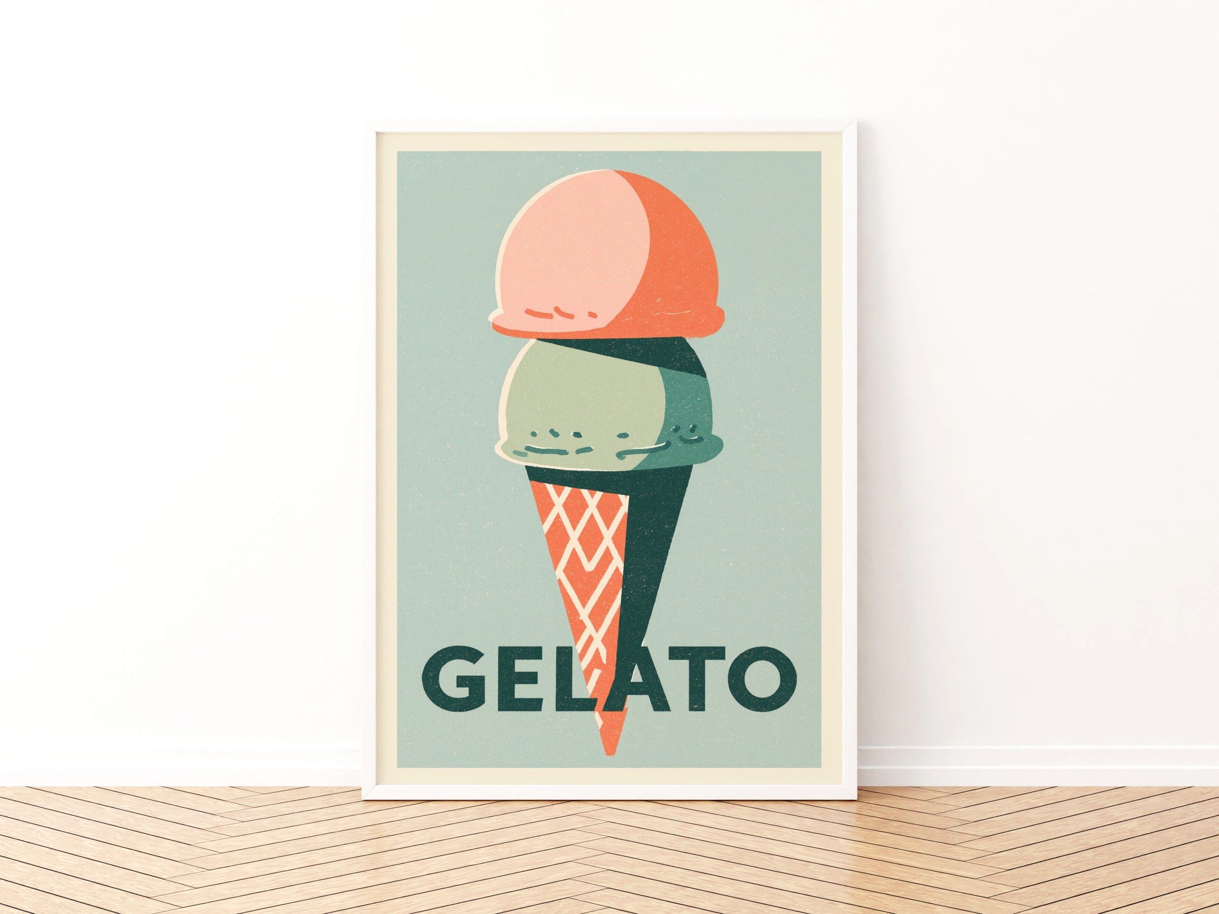 Ice Cream Print - Vintage Italian Poster Print, Gelato Ice Cream Cone, Rustic  Kitchen Decor, Retro Mid Century Risograph