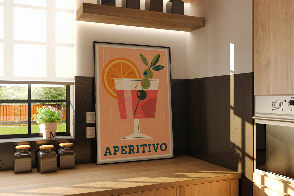 Aperitivo Vintage Food Poster Print | Rustic Kitchen Decor | Retro Mid Century Risograph Art
