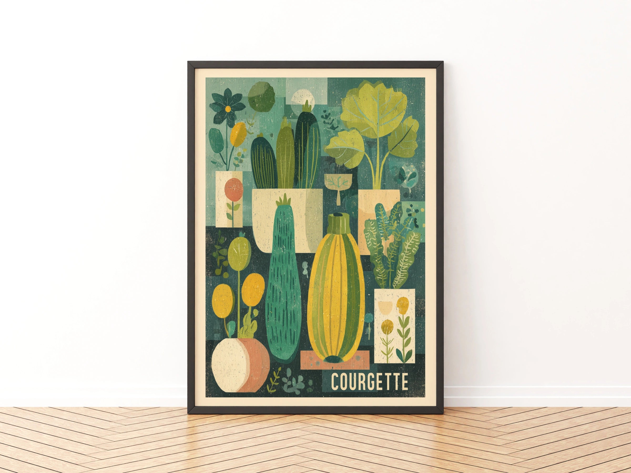 Courgette Vintage Food Poster Print | Rustic Kitchen Decor | Retro Mid Century Risograph Art - Kitchen Garden Print