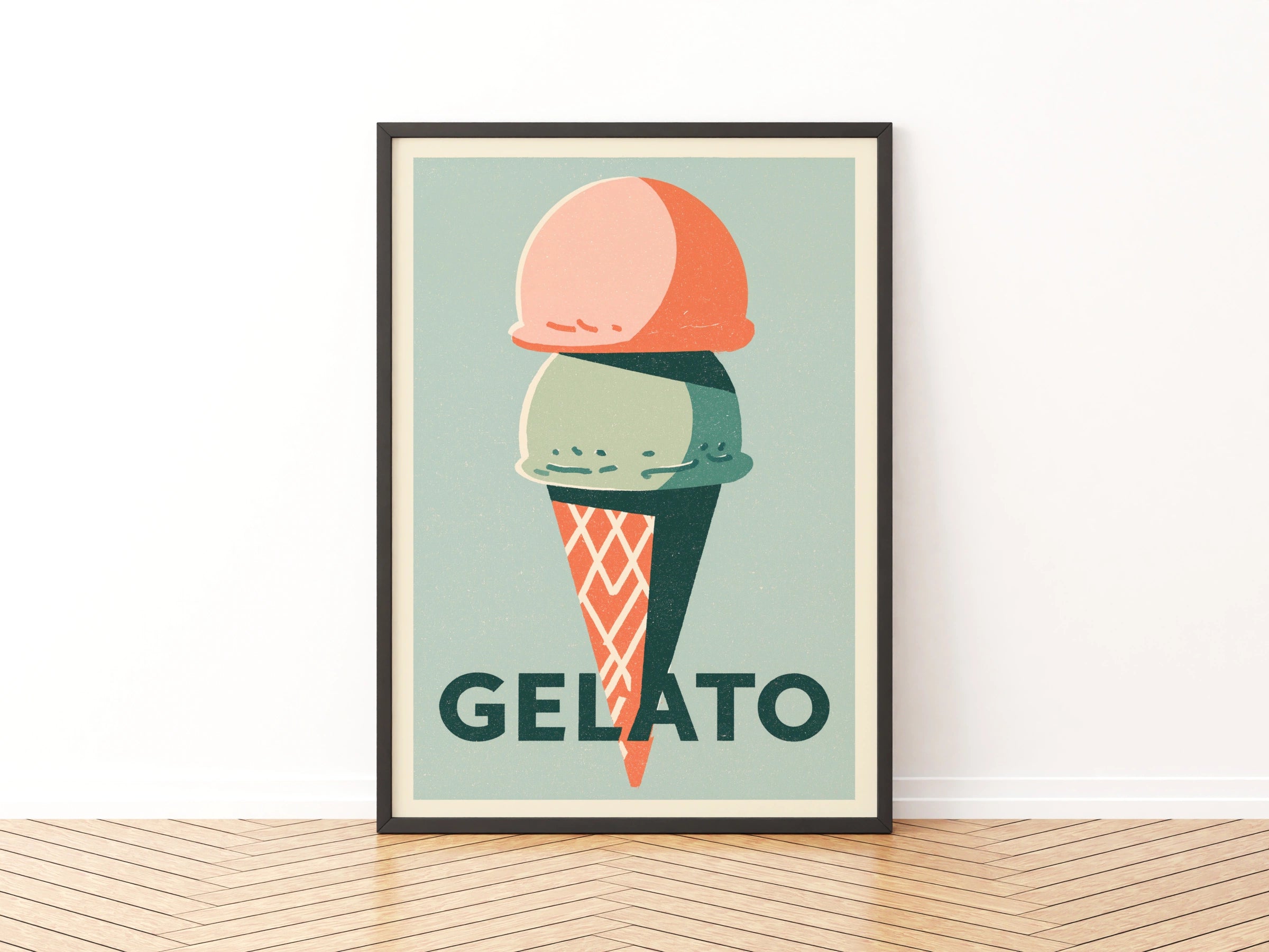Ice Cream Print - Vintage Italian Poster Print, Gelato Ice Cream Cone, Rustic  Kitchen Decor, Retro Mid Century Risograph