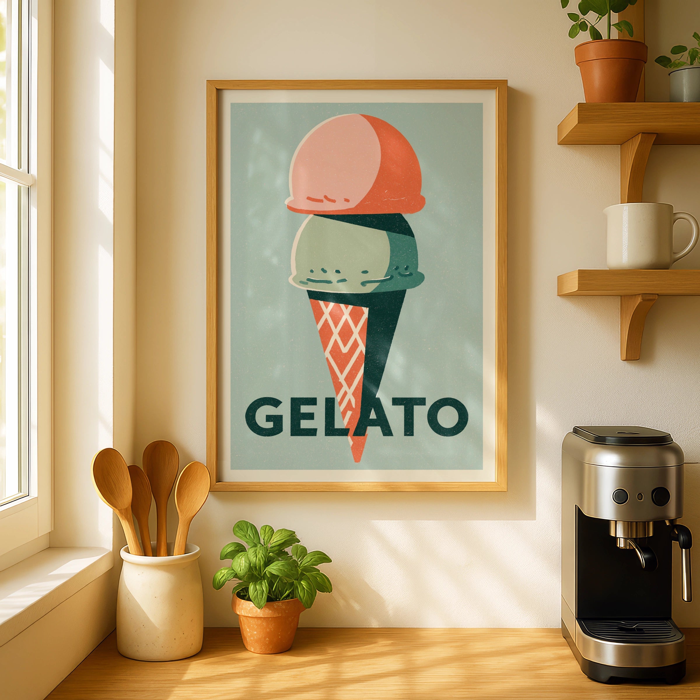 Ice Cream Print - Vintage Italian Poster Print, Gelato Ice Cream Cone, Rustic  Kitchen Decor, Retro Mid Century Risograph