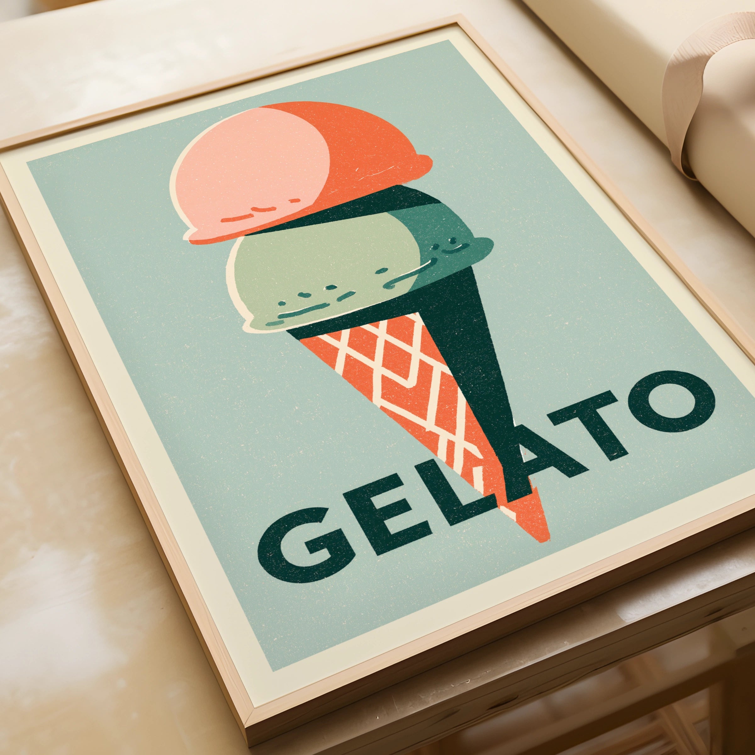 Ice Cream Print - Vintage Italian Poster Print, Gelato Ice Cream Cone, Rustic  Kitchen Decor, Retro Mid Century Risograph