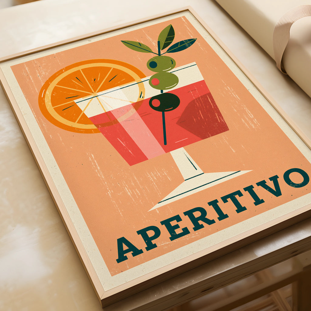 Aperitivo Vintage Food Poster Print | Rustic Kitchen Decor | Retro Mid Century Risograph Art