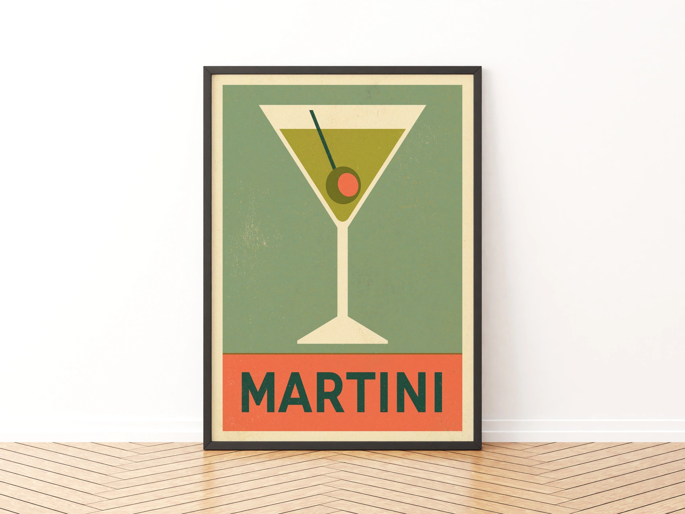 Retro Martini Print, Cocktail Poster, Mid Century Bar Cart Wall Art, Green Olive - Classic Drinks Print